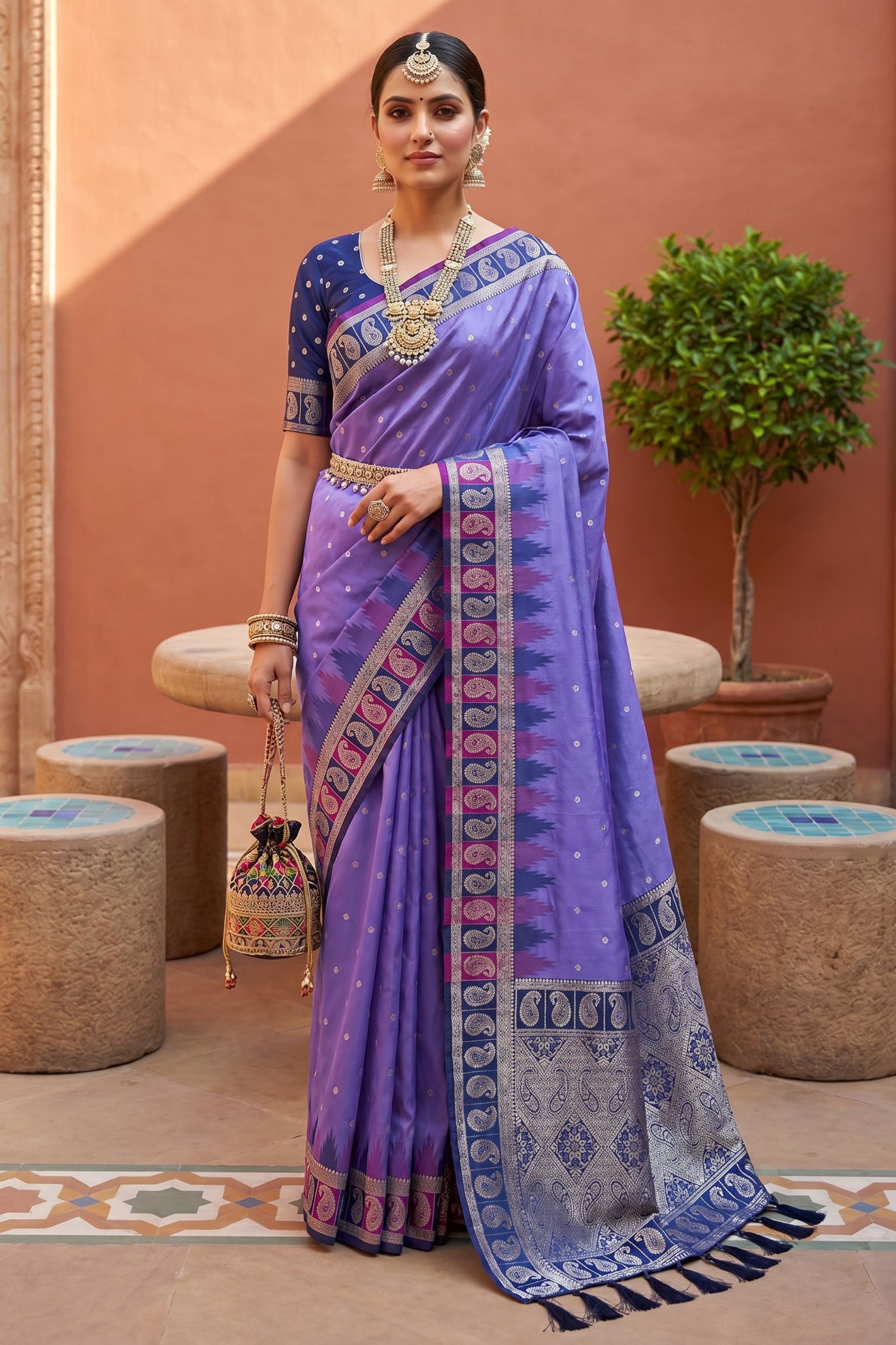 Purple Silk Saree with Blue Contrast Border Zari Weaving Festive Wear