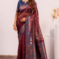 Wine Paithani Silk Saree with Blue Zari Border Traditional Saree