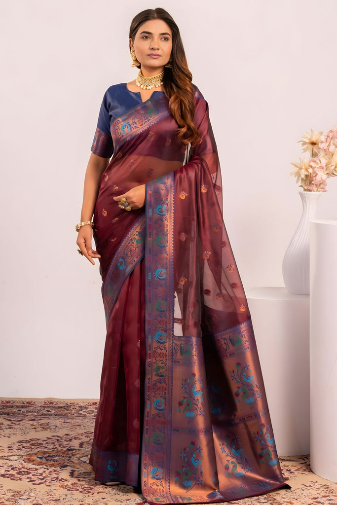 Wine Paithani Silk Saree with Blue Zari Border Traditional Saree