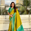  Mustard Yellow Saree Green Contrast Border Traditional Printed Design 