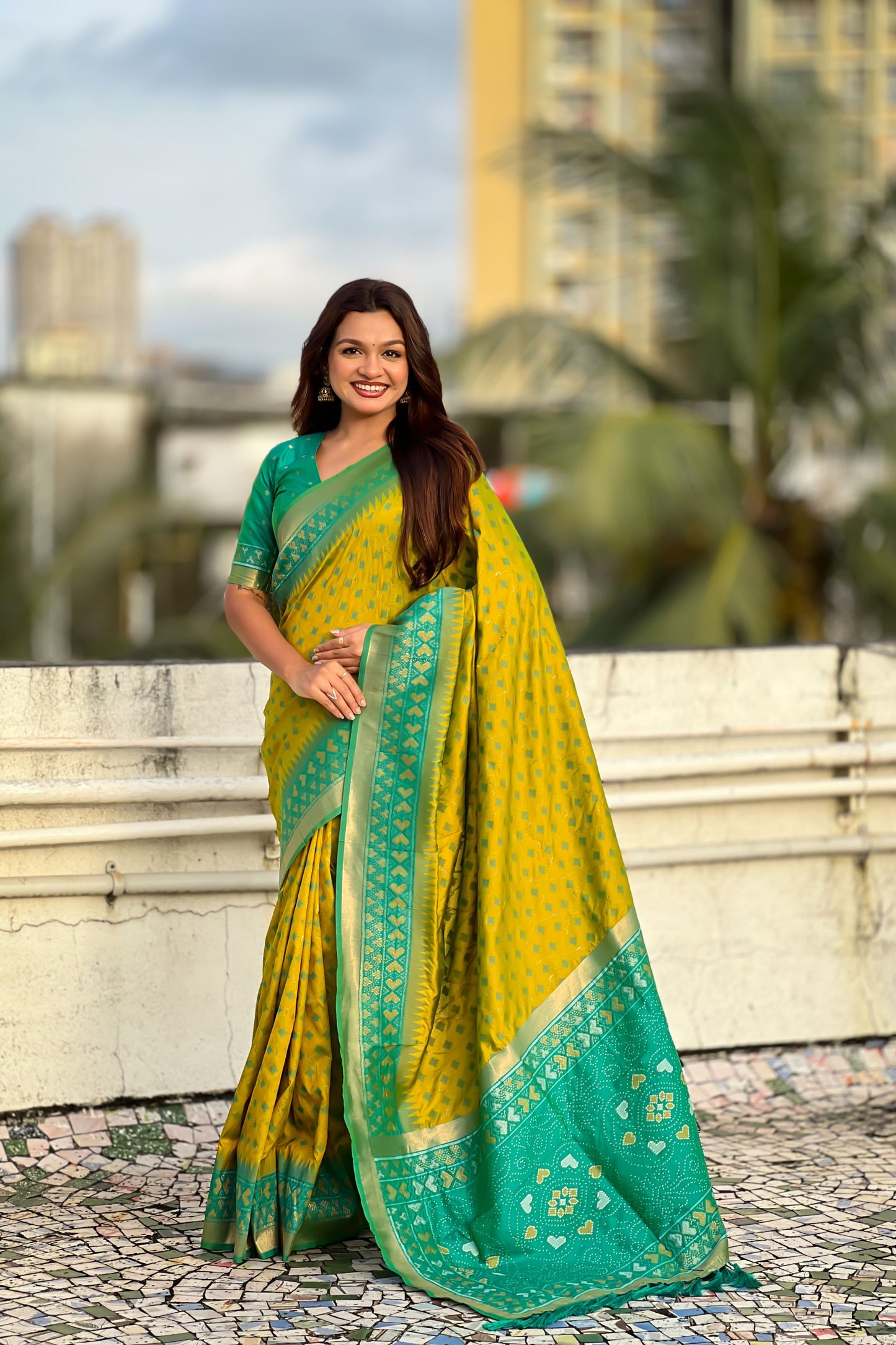  Mustard Yellow Saree Green Contrast Border Traditional Printed Design 