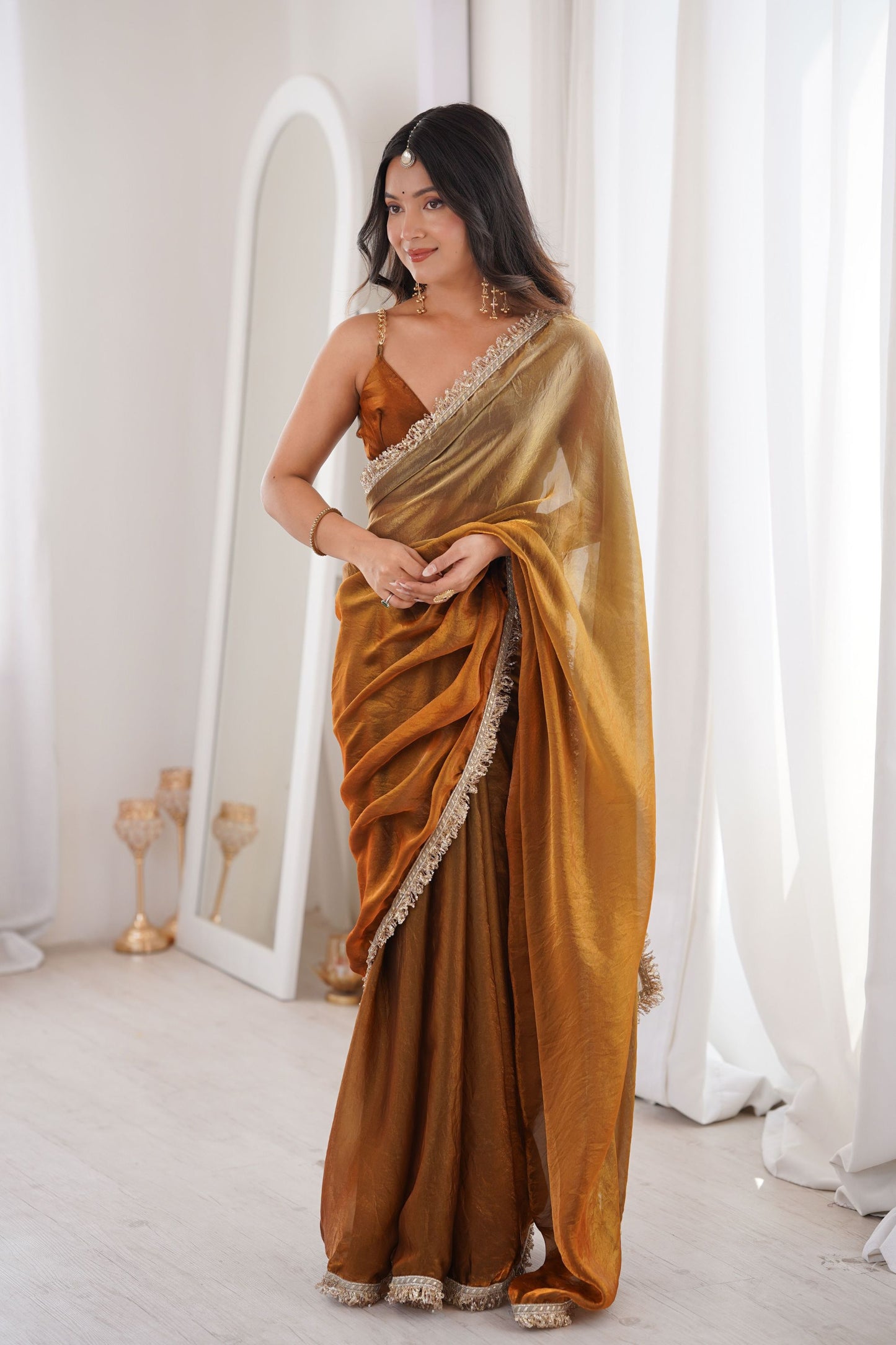 Mustard Gold Organza Silk Saree with Designer Lace Border