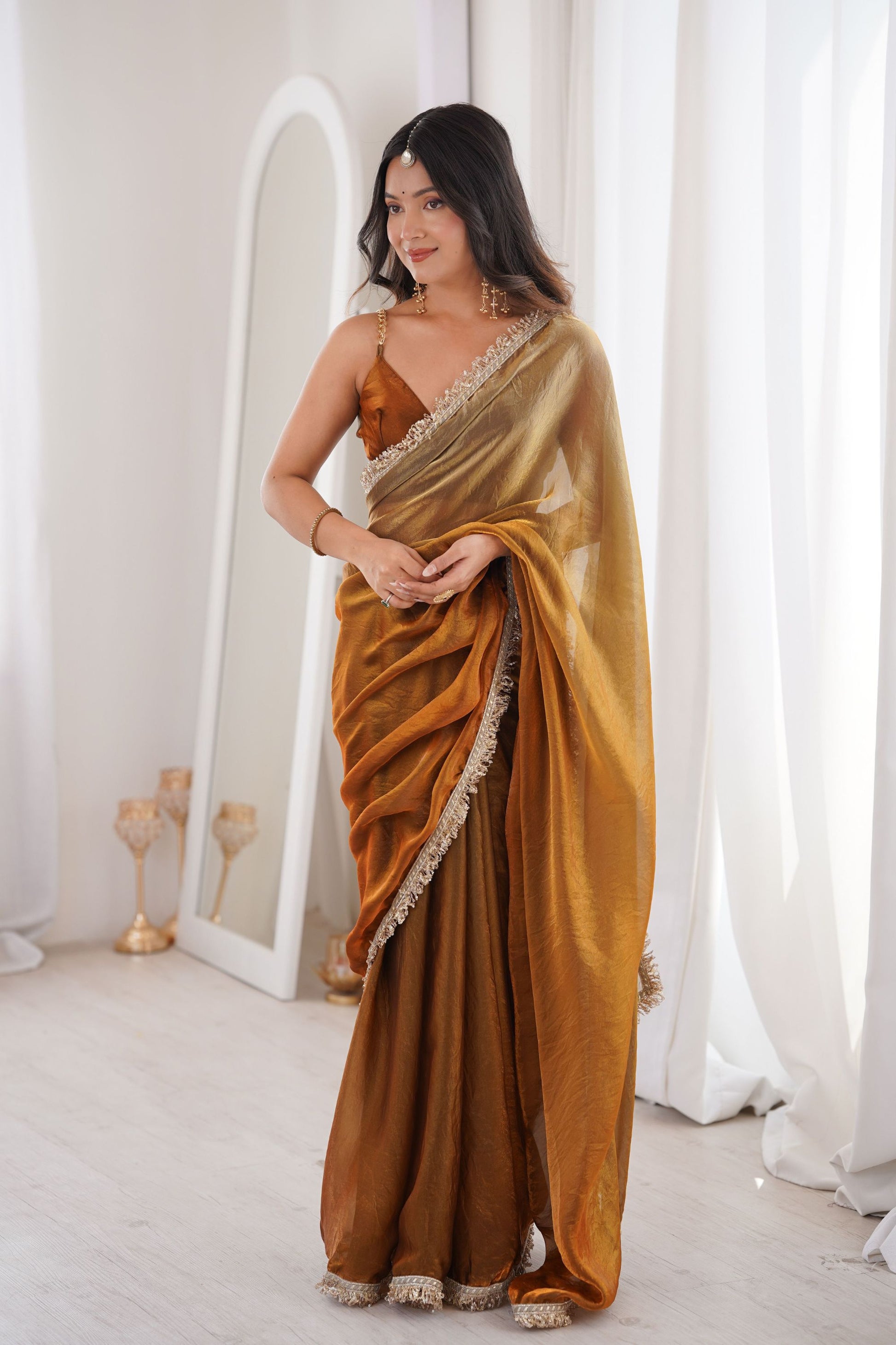 Mustard Gold Organza Silk Saree with Designer Lace Border