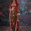 Designer Olive Green Floral Embroidered Saree with Stylish Blouse