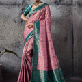 Pink Banarasi Silk Saree with Teal Green Zari Border Traditional Saree