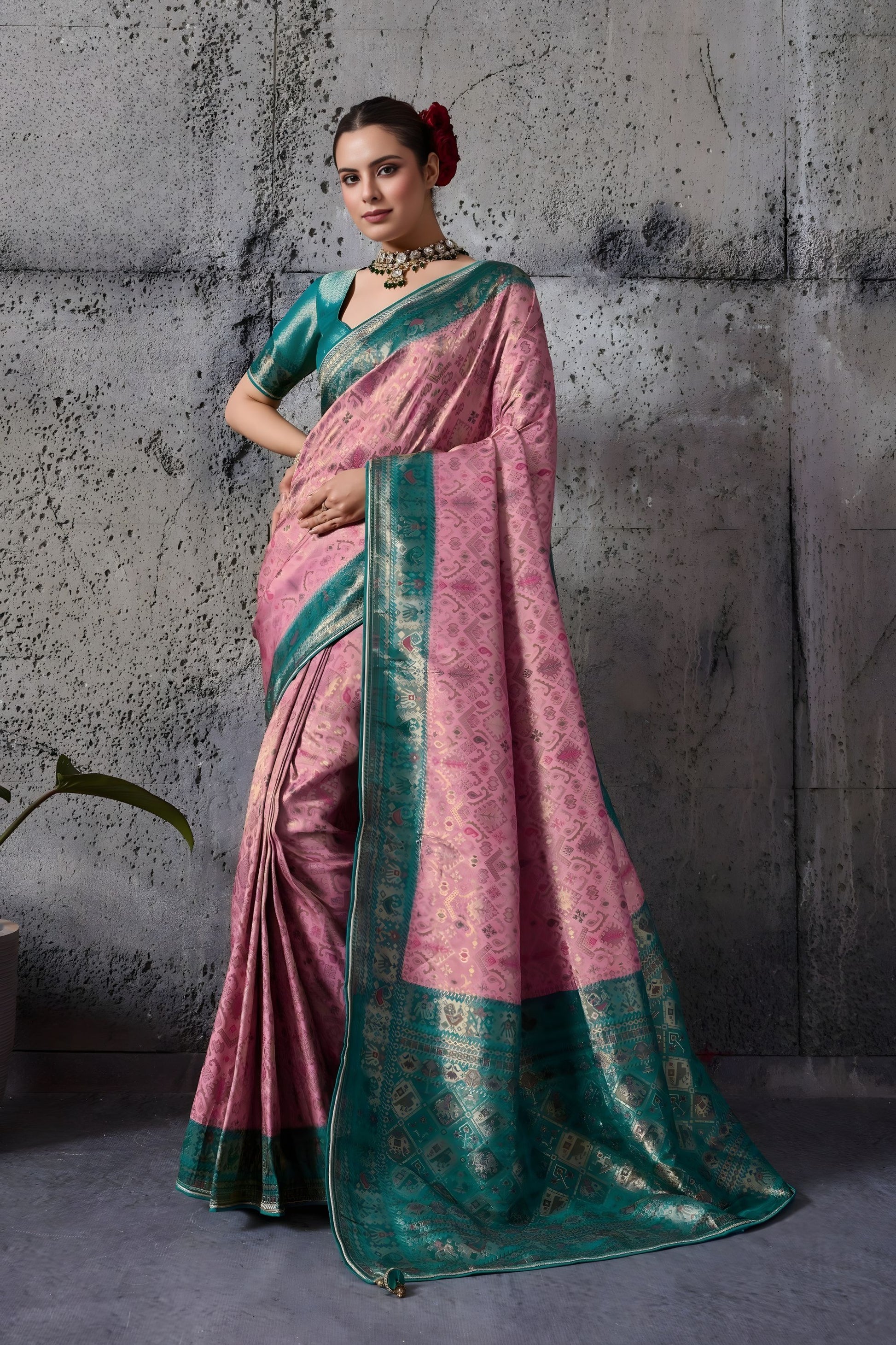 Pink Banarasi Silk Saree with Teal Green Zari Border Traditional Saree