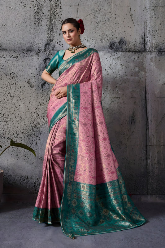 Pink Banarasi Silk Saree with Teal Green Zari Border Traditional Saree