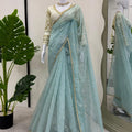 Sky Blue Organza Silk Saree Sequin Embroidered Designer Blouse