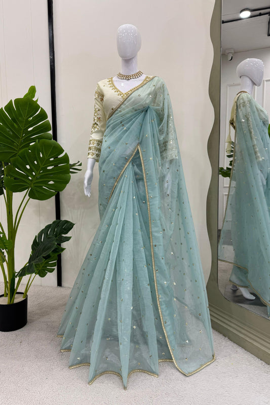 Sky Blue Organza Silk Saree Sequin Embroidered Designer Blouse