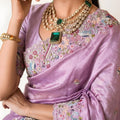 Lavender Embroidered Satin Silk Saree with Floral Designer Border