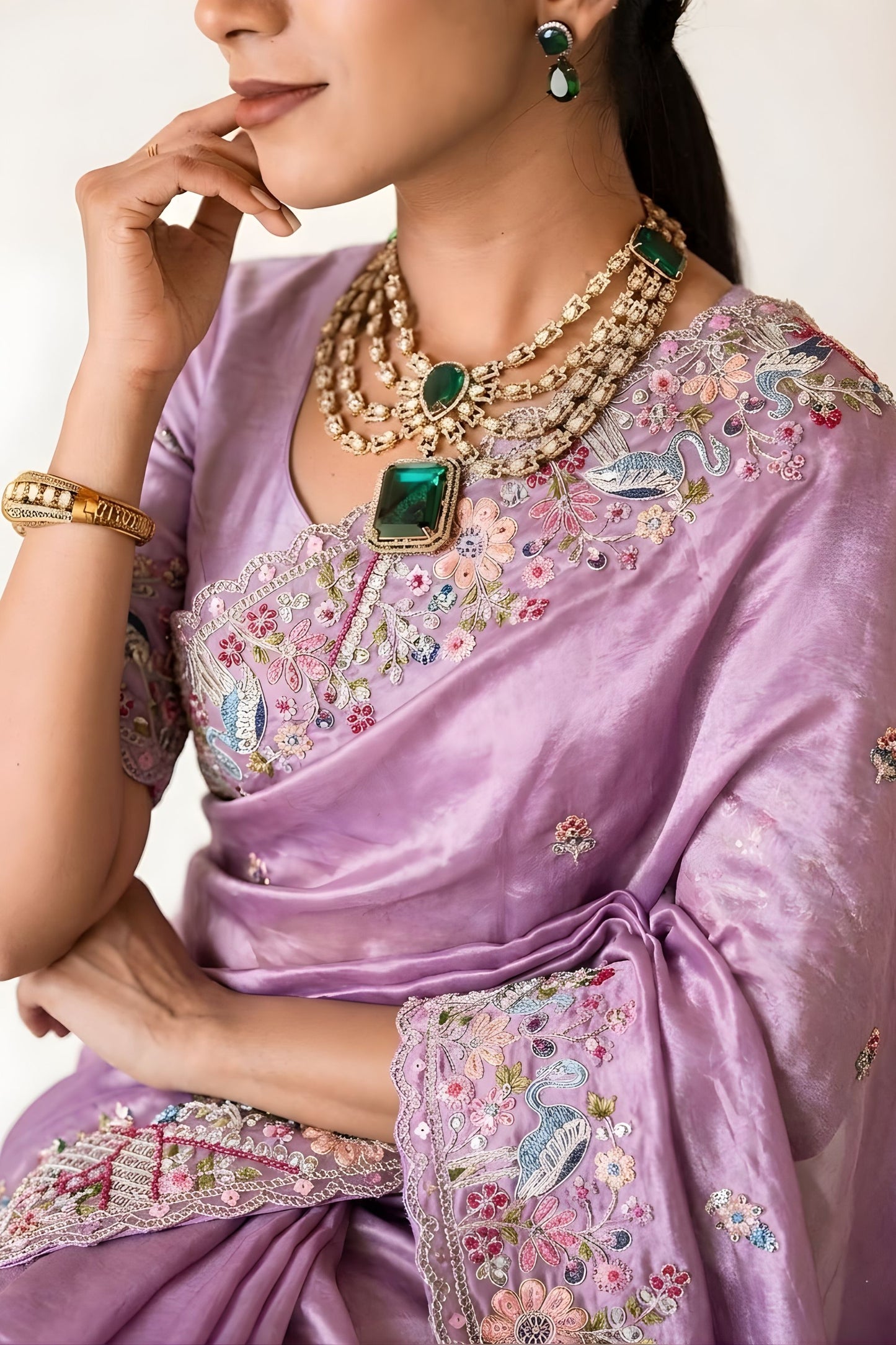 Lavender Embroidered Satin Silk Saree with Floral Designer Border