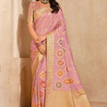 Pink Banarasi Silk Saree with Gold Zari Border Multicolor Floral Butti