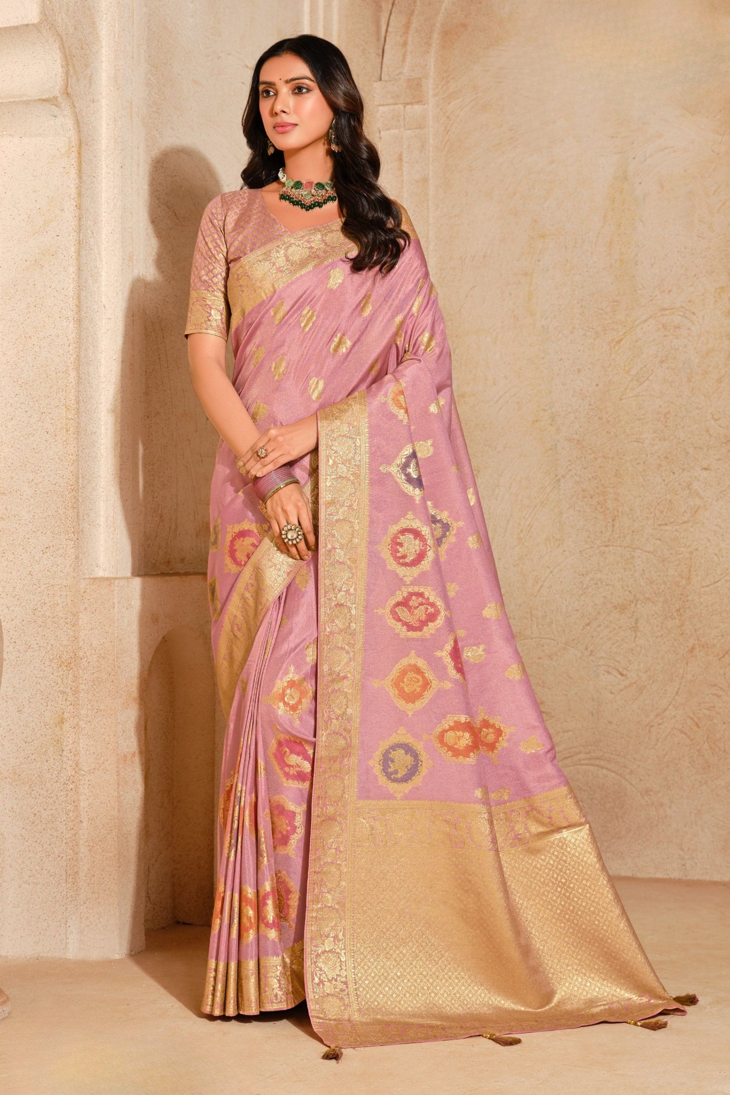 Pink Banarasi Silk Saree with Gold Zari Border Multicolor Floral Butti