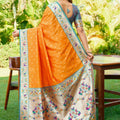Orange Silk Saree with Teal Border Peacock Floral Weaving Work