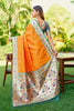 Orange Silk Saree with Teal Border Peacock Floral Weaving Work