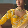White Yellow Embroidered Saree with Zari Border Designer Saree