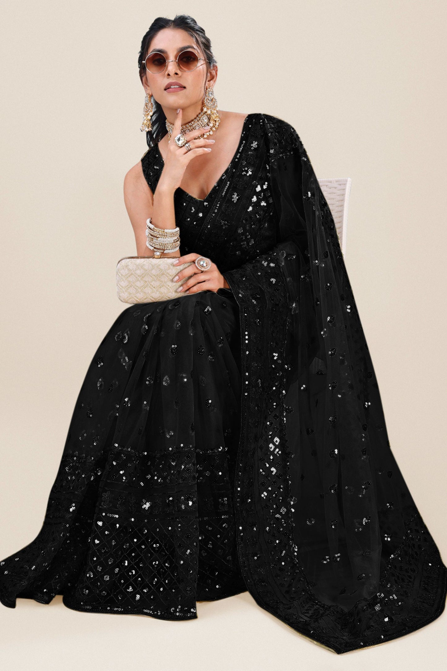 Black Net Saree with Heavy Sequins Embroidery Designer Blouse