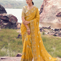 Mustard Yellow Embroidered Silk Saree with Designer Blouse