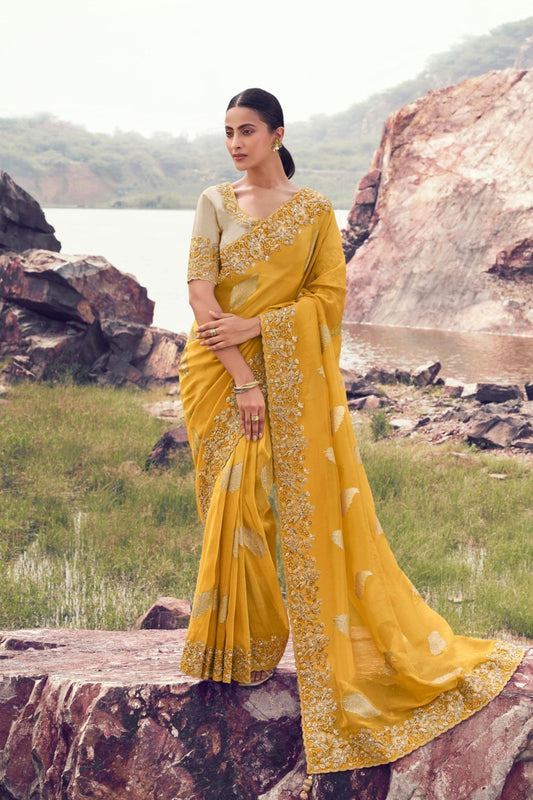 Mustard Yellow Embroidered Silk Saree with Designer Blouse