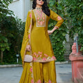 Wonderfull Mustard Yellow Embroidered crepe Palazzo Suit Set Dupatta for Women