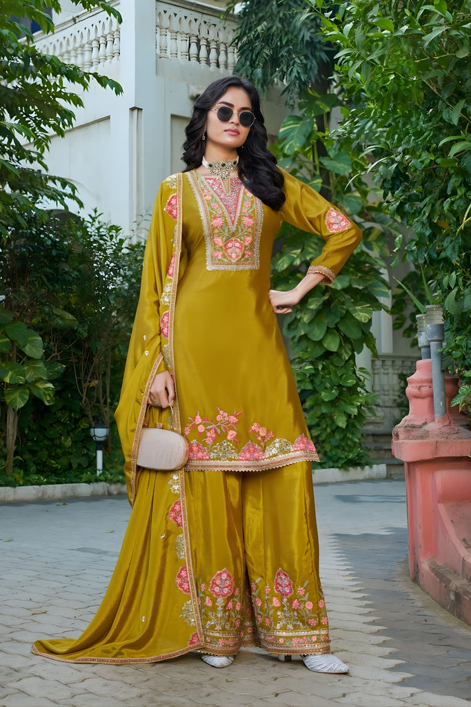 Wonderfull Mustard Yellow Embroidered crepe Palazzo Suit Set Dupatta for Women