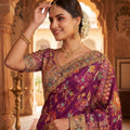 Luxury Purple Banarasi Silk Saree with Heavy Floral Embroidered Border