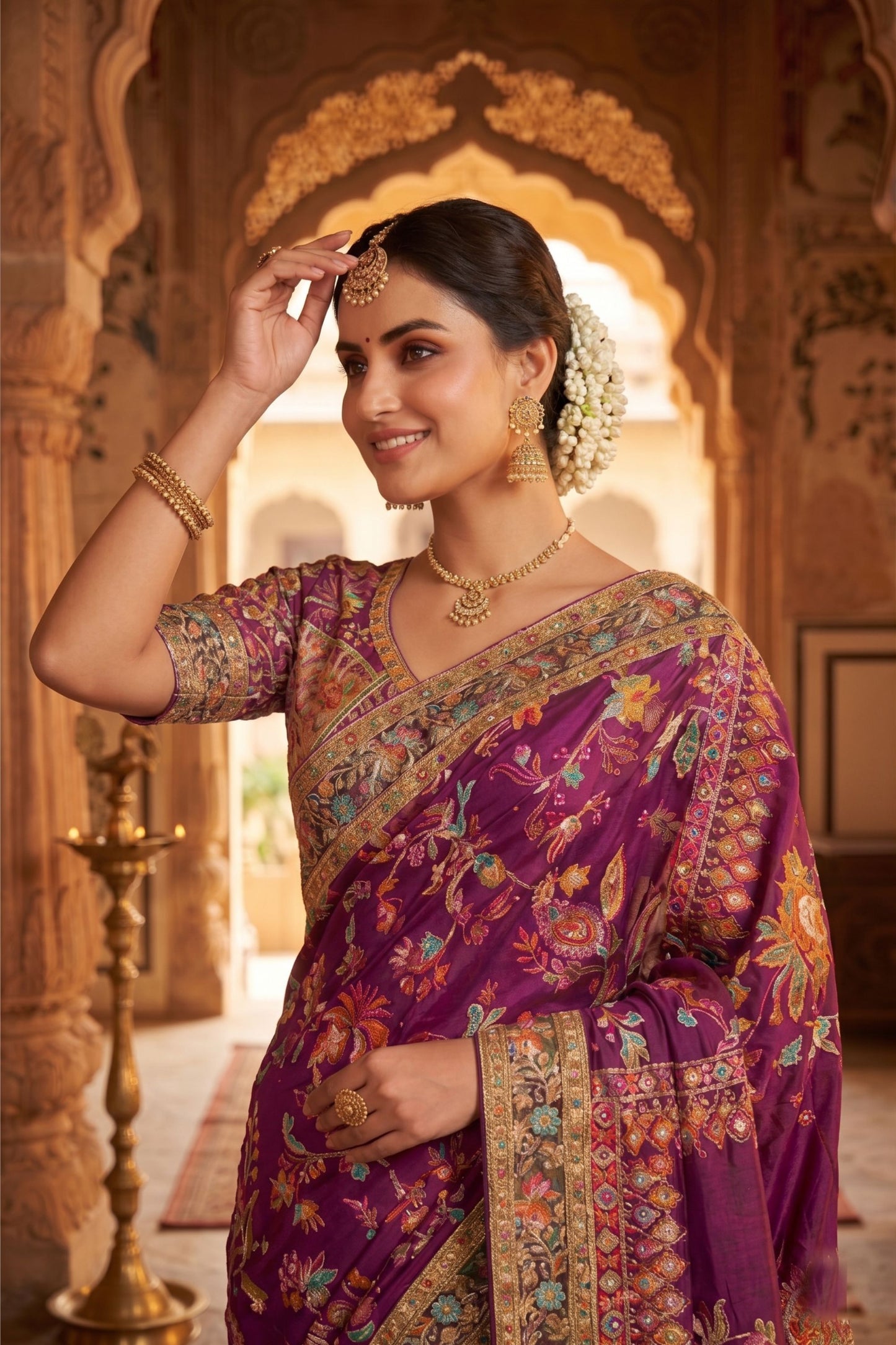 Luxury Purple Banarasi Silk Saree with Heavy Floral Embroidered Border