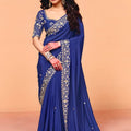 Royal Blue Embroidered Designer Silk Saree with Heavy Border Blouse Piece