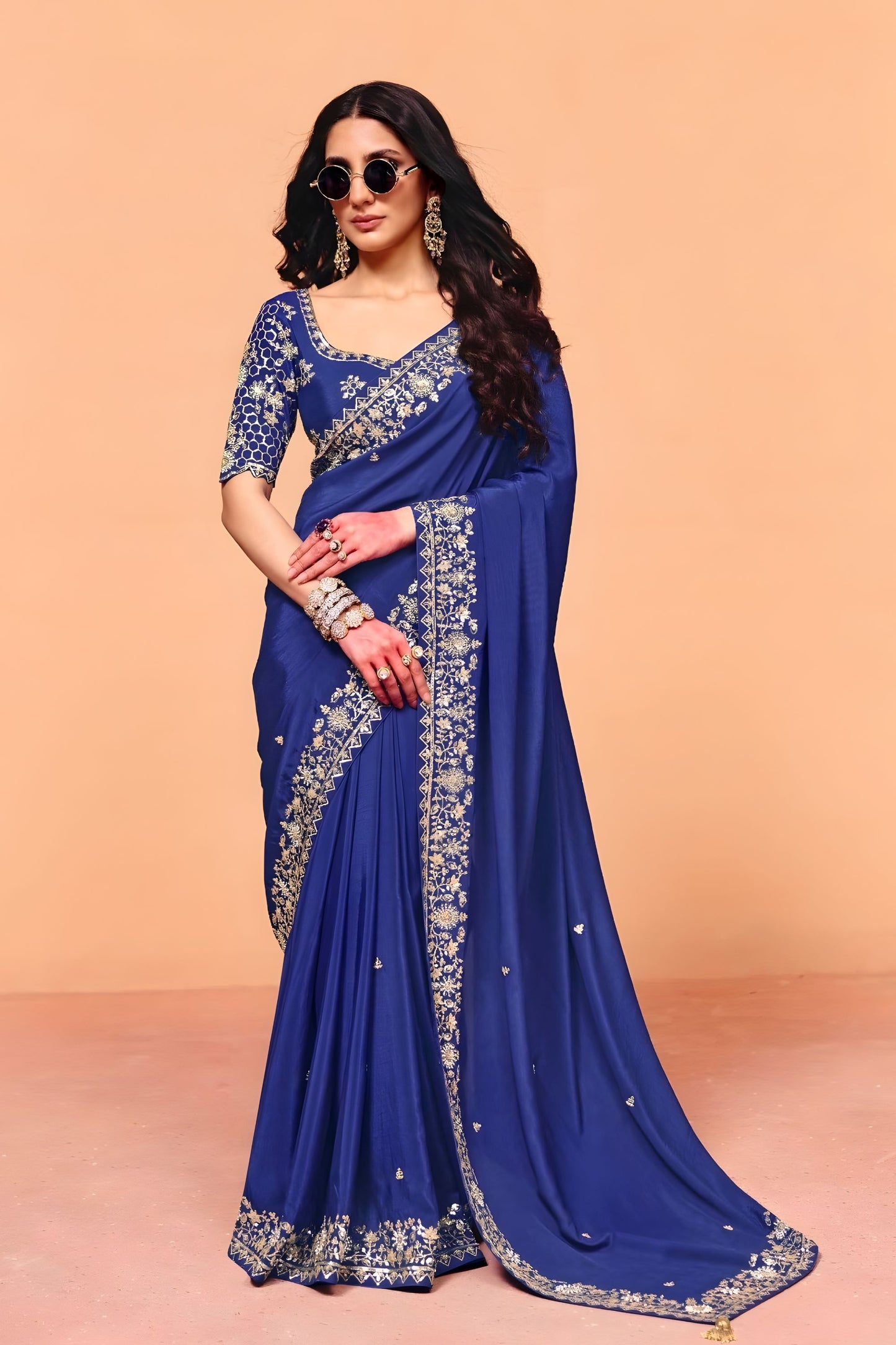 Royal Blue Embroidered Designer Silk Saree with Heavy Border Blouse Piece