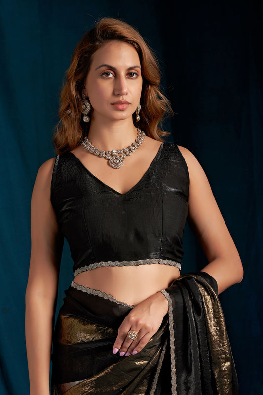 Black Silk Saree with Gold Silver Zari Designer Party Wear Saree