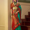  Turquoise Blue Banarasi Silk Saree Floral Woven Border Red Zari Pallu 
