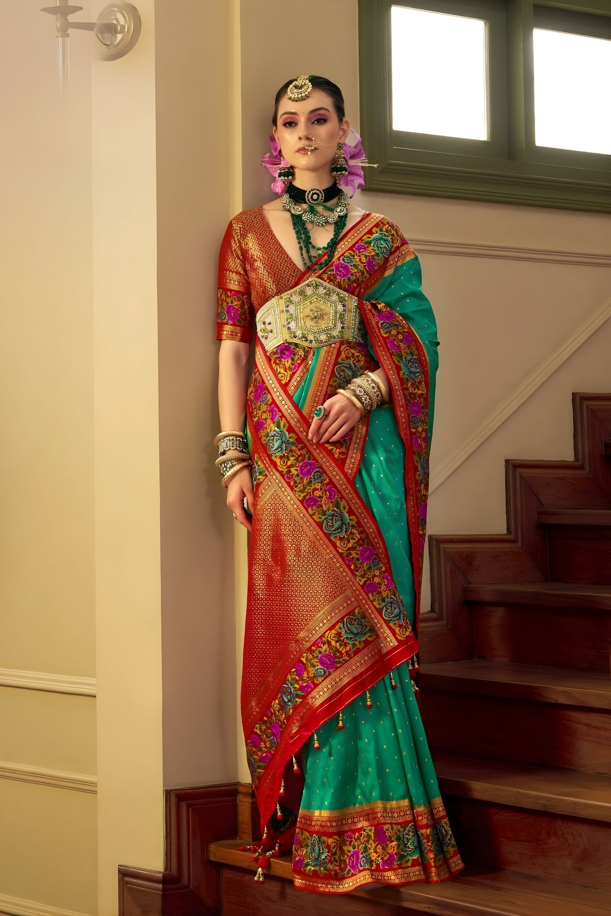  Turquoise Blue Banarasi Silk Saree Floral Woven Border Red Zari Pallu 