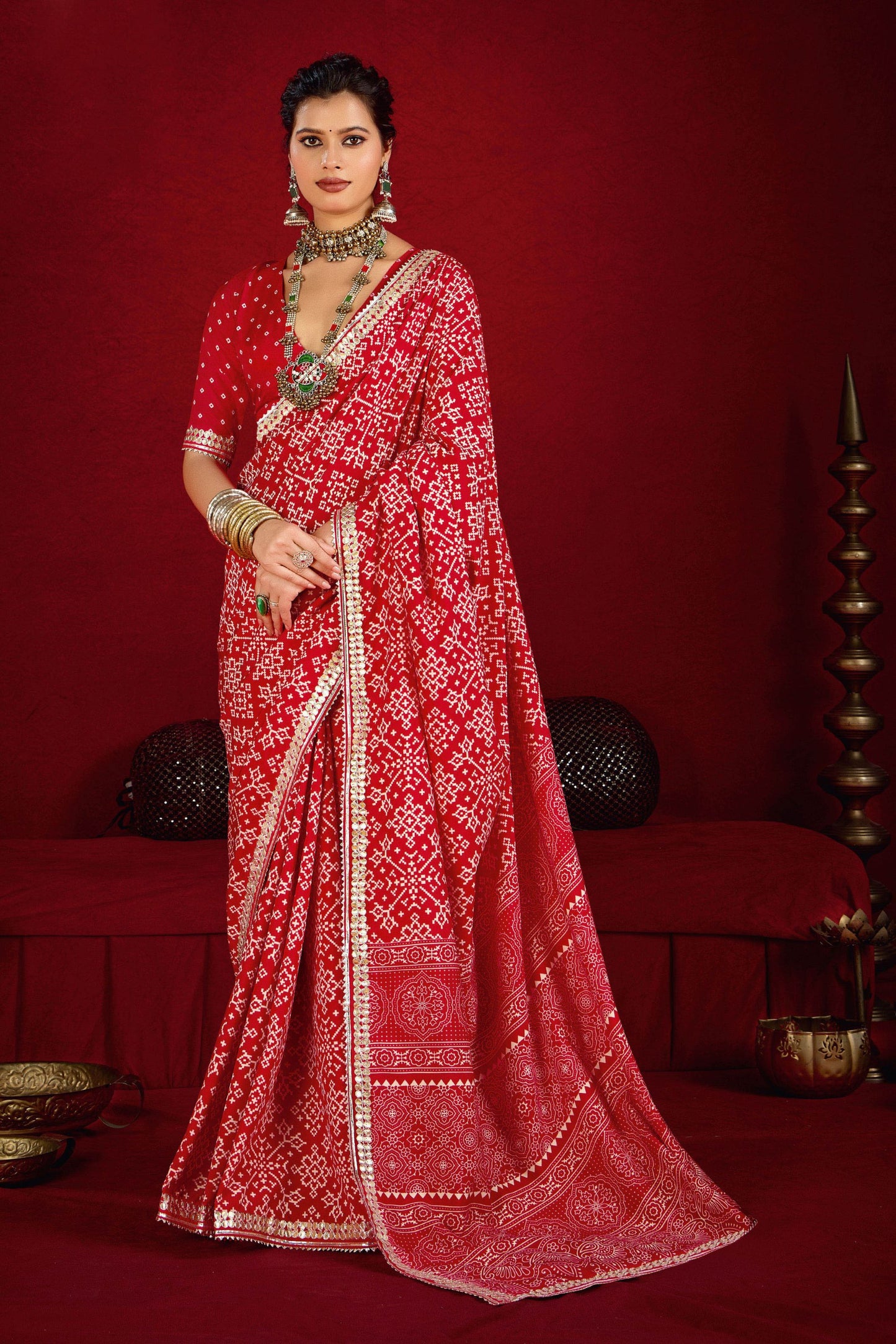 Red Bandhej Printed Georgette Saree Festive Wear