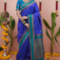 Royal Blue Silk Saree with Teal Woven Border Traditional Design