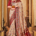 Elegant Cream and Maroon Patola Silk with Traditional Print Saree