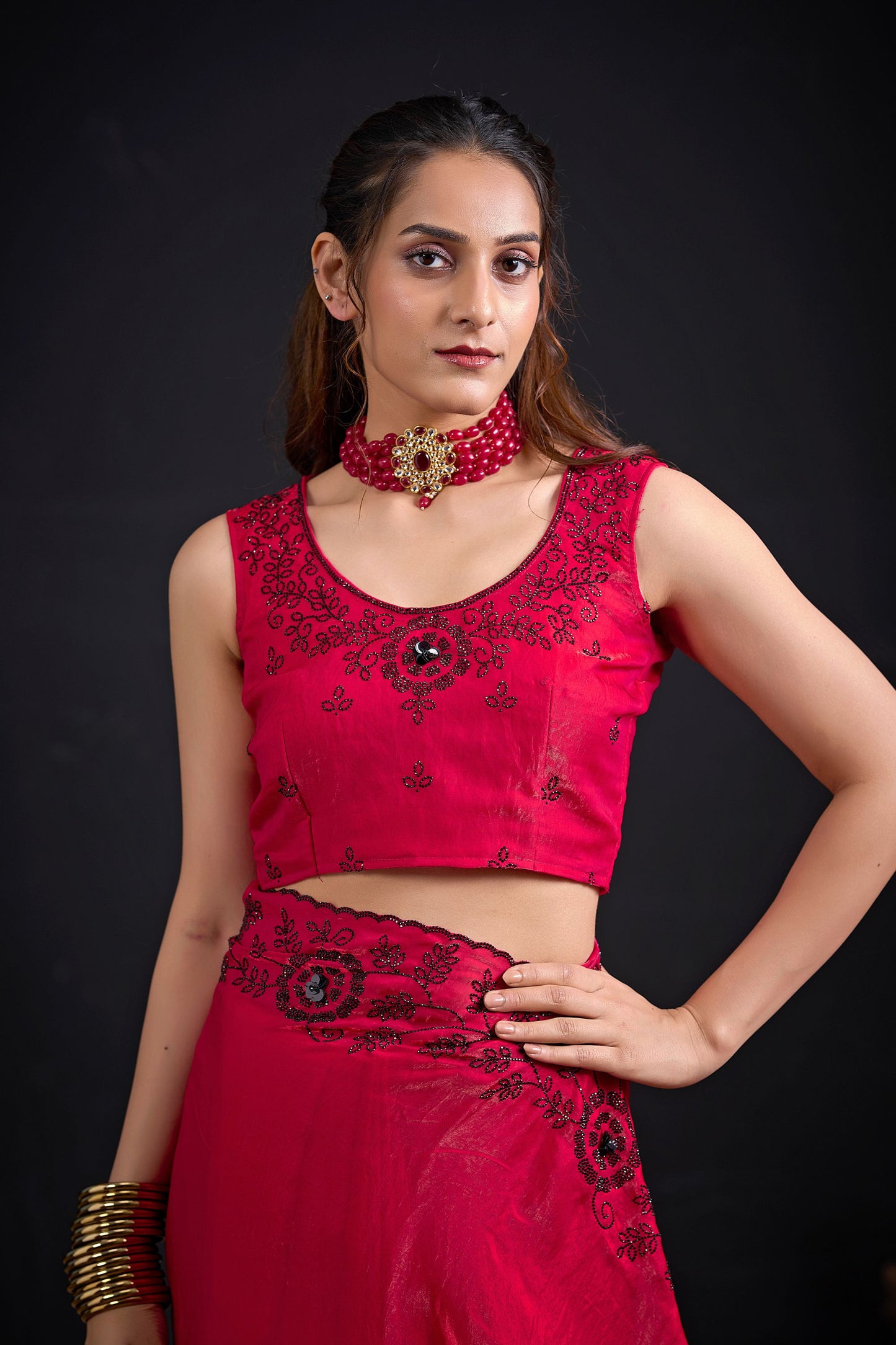 Rani Pink Embroidered Silk Saree with Designer Blouse