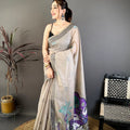 Taupe Grey Linen Cotton Saree with Artistic Elephant Print Pallu
