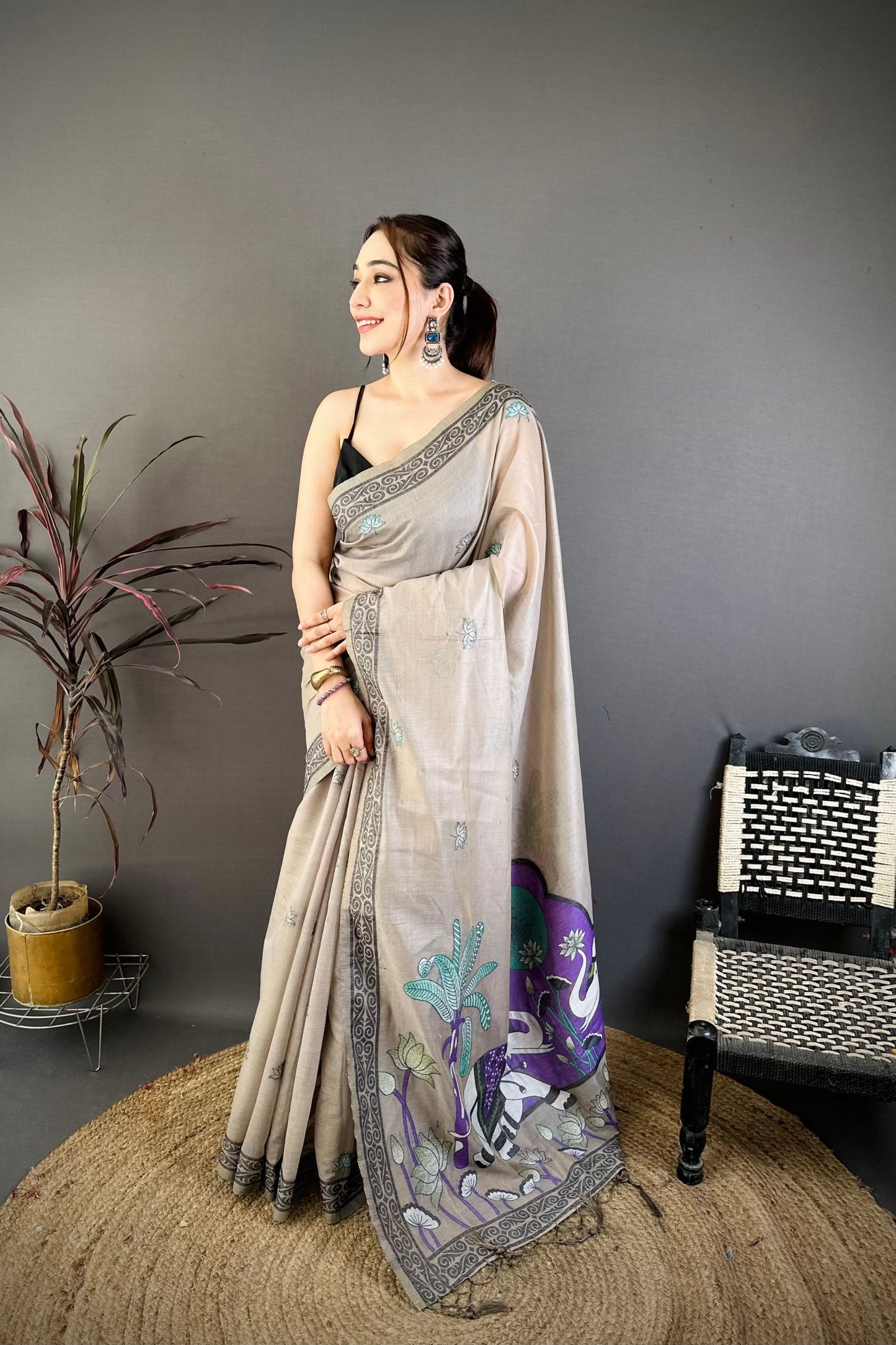 Taupe Grey Linen Cotton Saree with Artistic Elephant Print Pallu