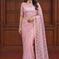Pink Sequins Embroidered Net Saree with Designer Blouse