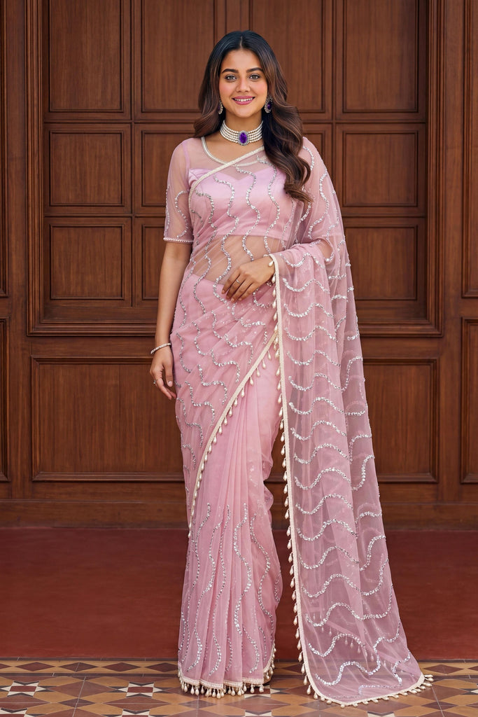 Pink Sequins Embroidered Net Saree with Designer Blouse