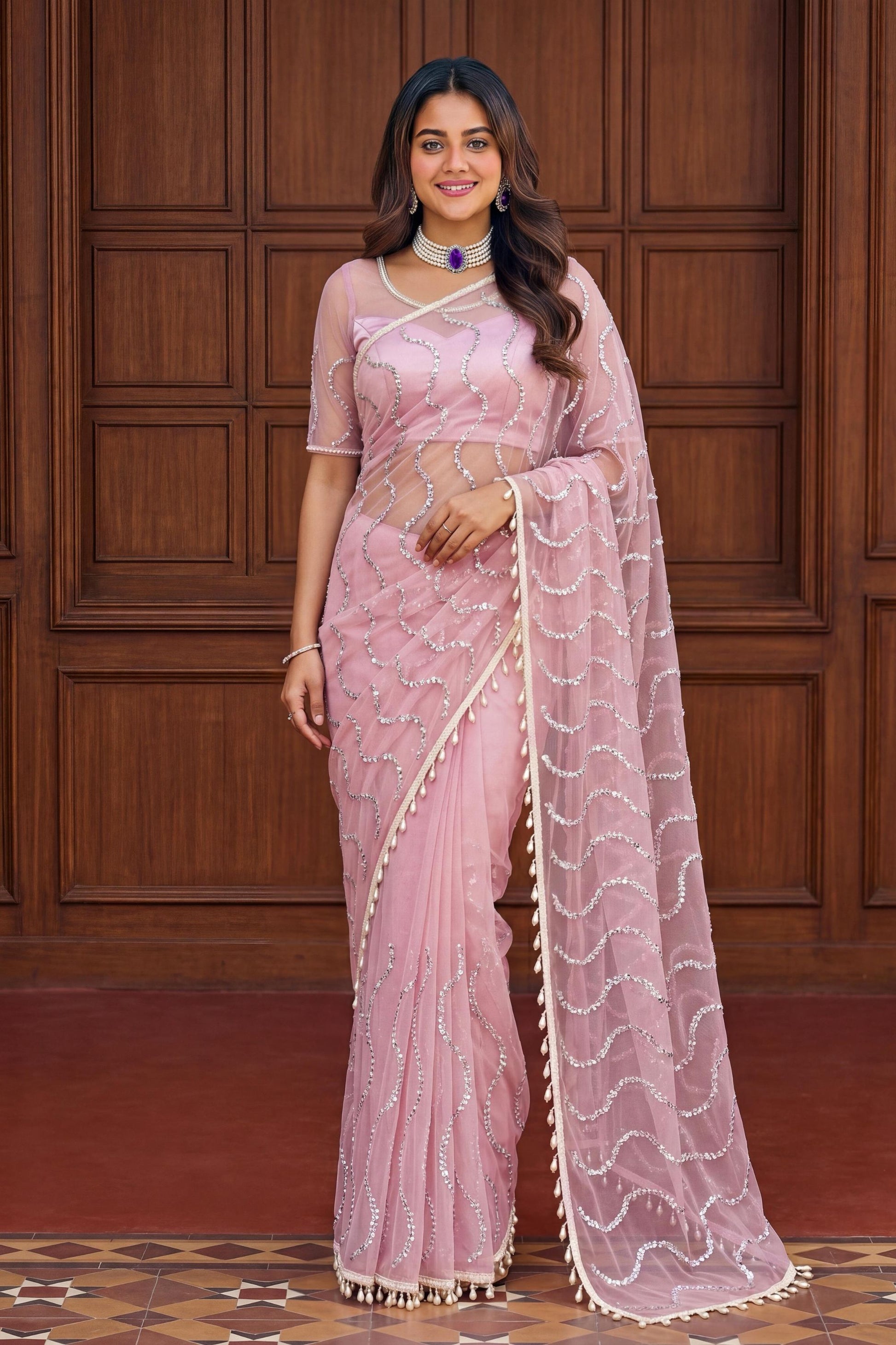 Pink Sequins Embroidered Net Saree with Designer Blouse