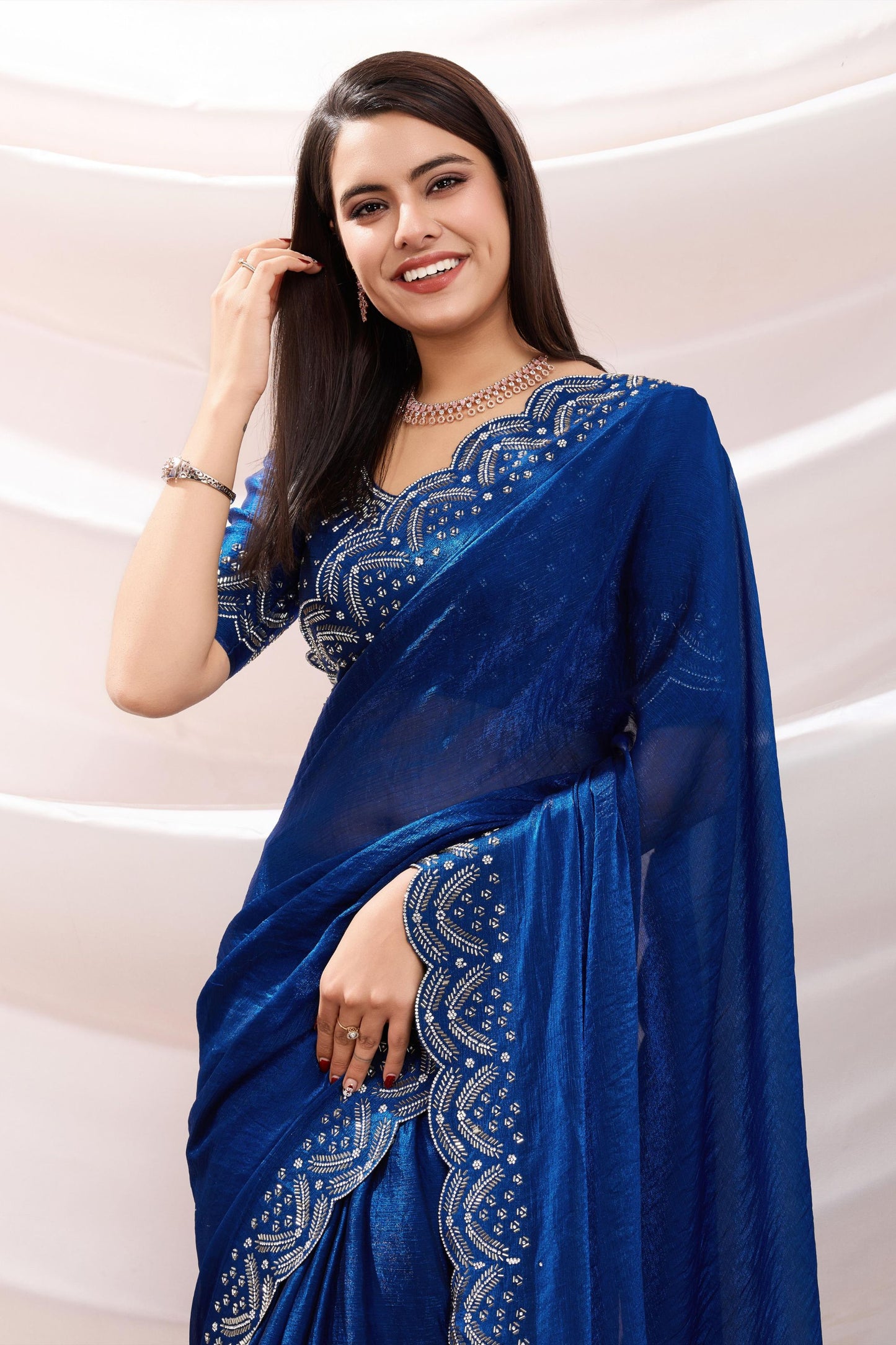 Royal Blue Georgette Saree with Sequin Thread Embroidery Border