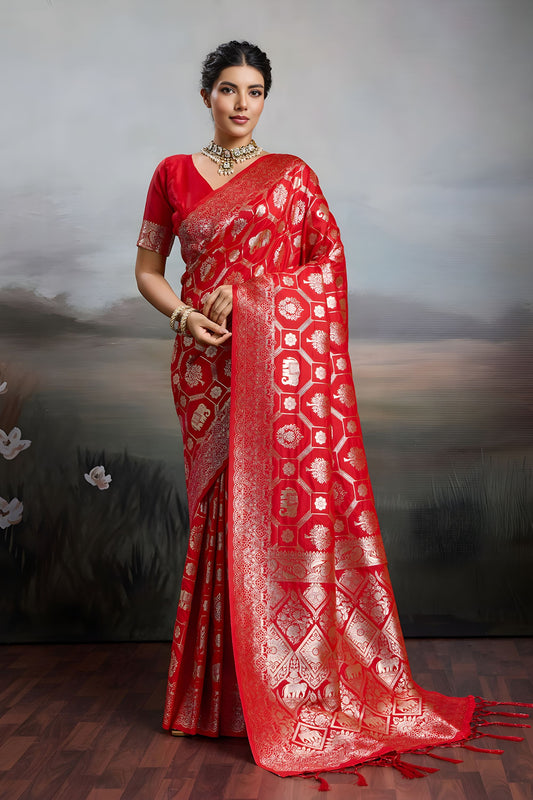 Red Banarasi Silk Saree with Heavy Gold Zari Work Designer Saree