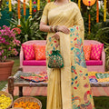Mustard Yellow Silk Saree Multicolor Peacock Floral Print Zari Border