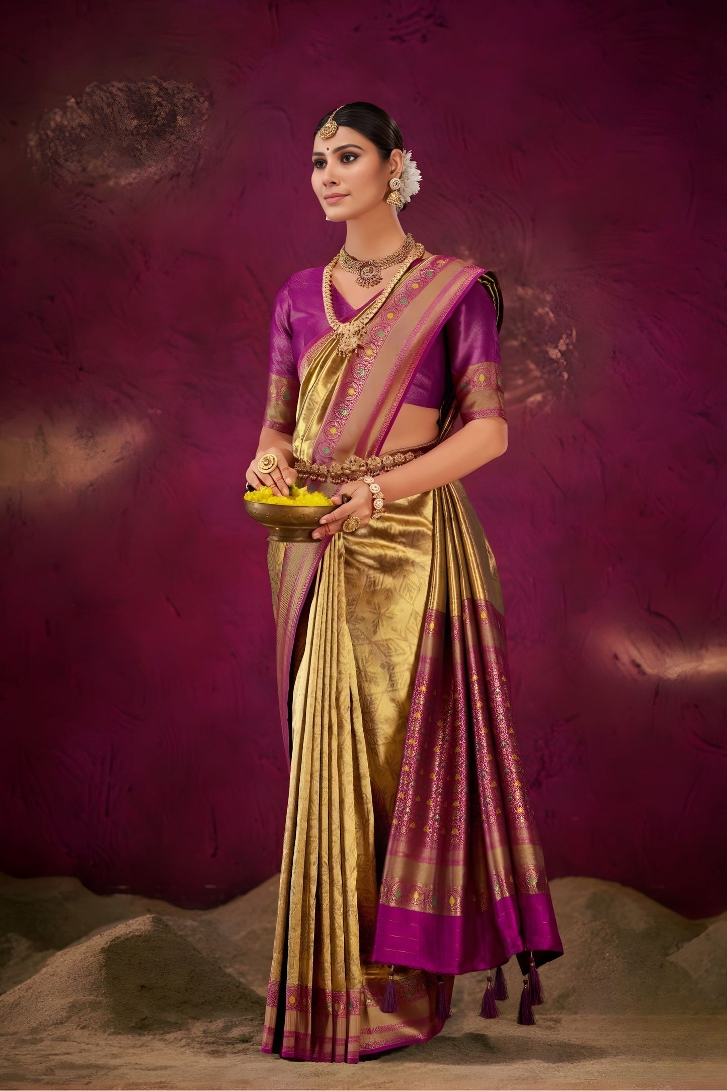 Royal Gold Magenta Kanjivaram Silk Saree with Traditional Zari Border