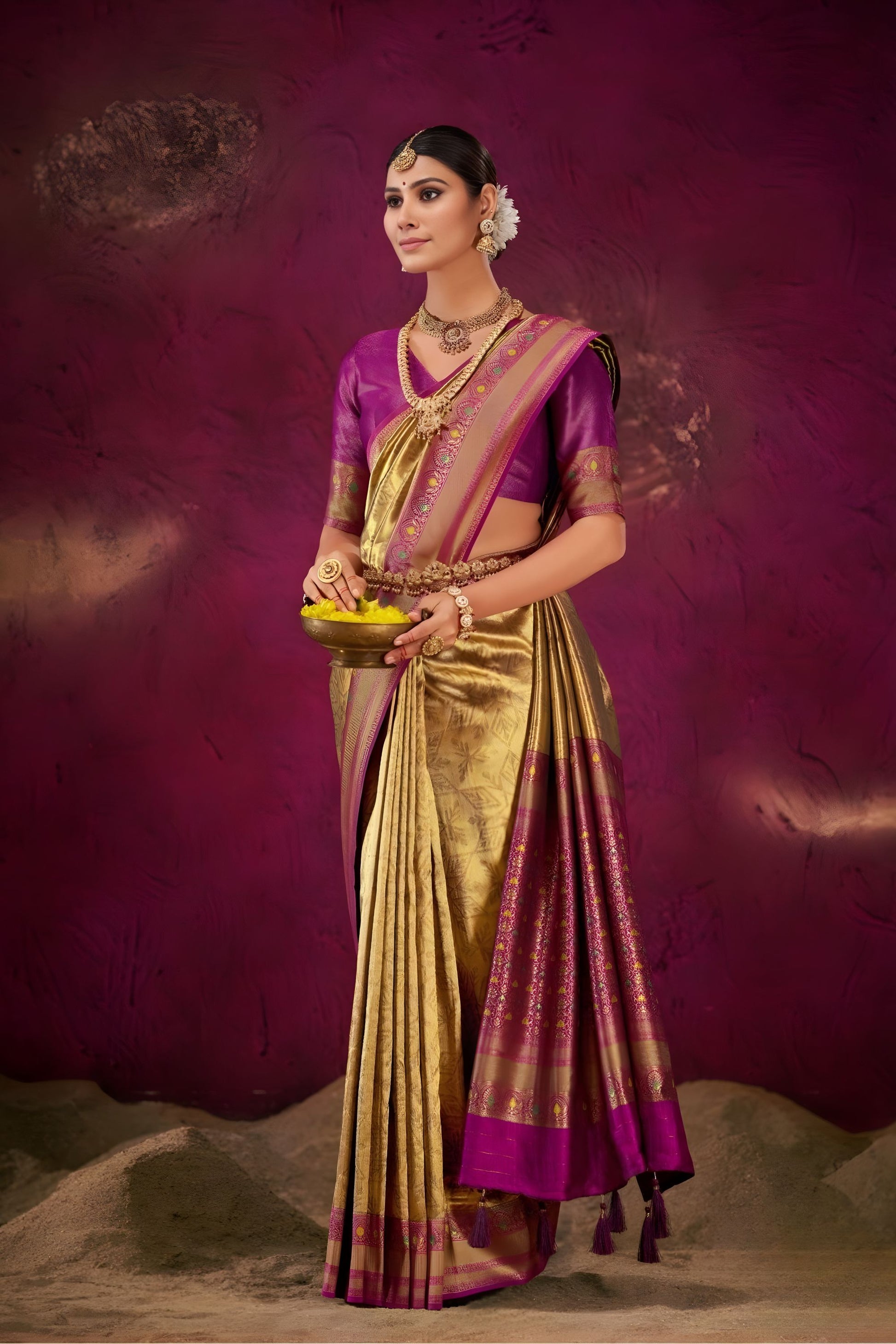 Royal Gold Magenta Kanjivaram Silk Saree with Traditional Zari Border