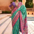 Elegant Sea Green Patola Silk Saree Purple Ikat Border Woven Design