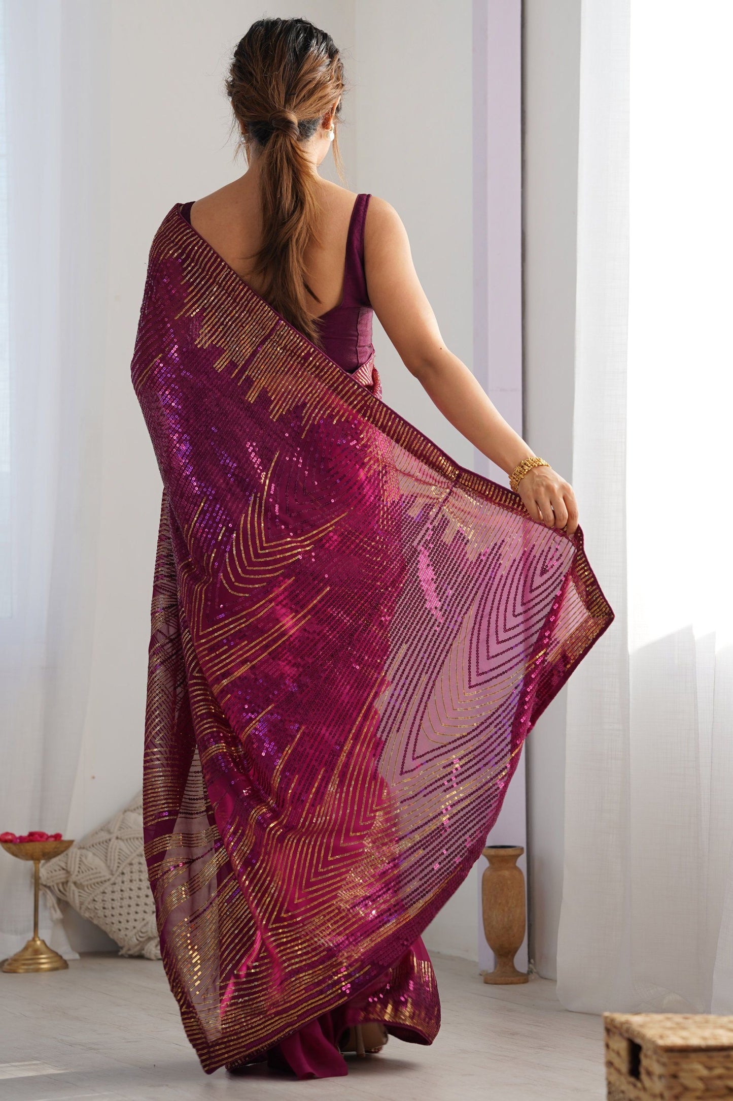 Designer Wine Colour Georgette Saree Party Wear