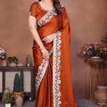  Rust Orange Satin Silk Saree Heavy Floral Embroidered Border Designer Blouse