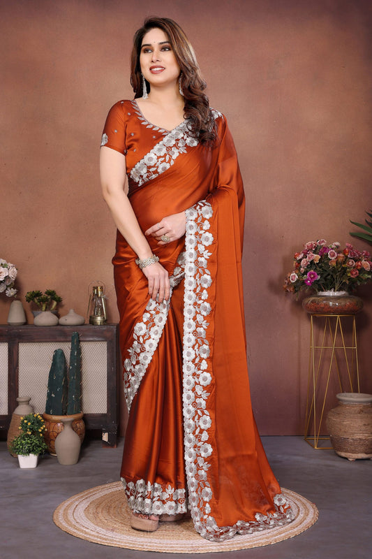  Rust Orange Satin Silk Saree Heavy Floral Embroidered Border Designer Blouse